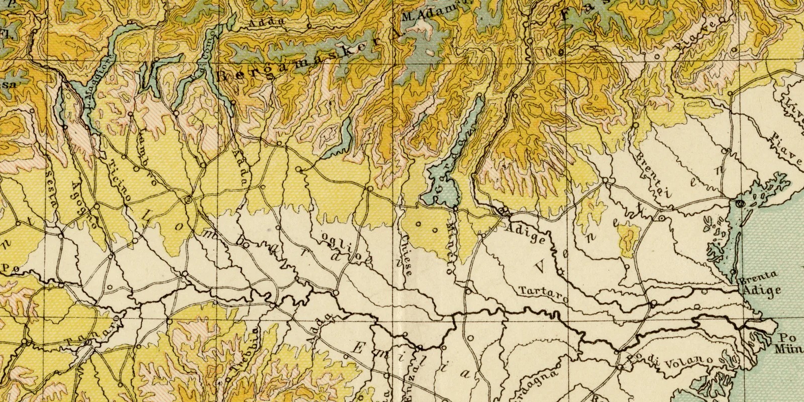 Alpen Übersicht in Höhenstufen ca 1882 historische Karte Lithographie