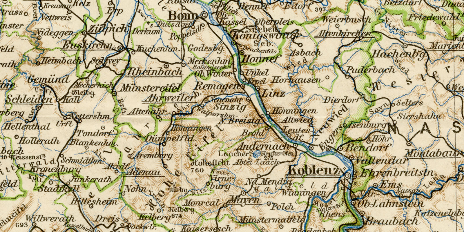 Rheinprovinz ca 1896 historische Karte Lithographie