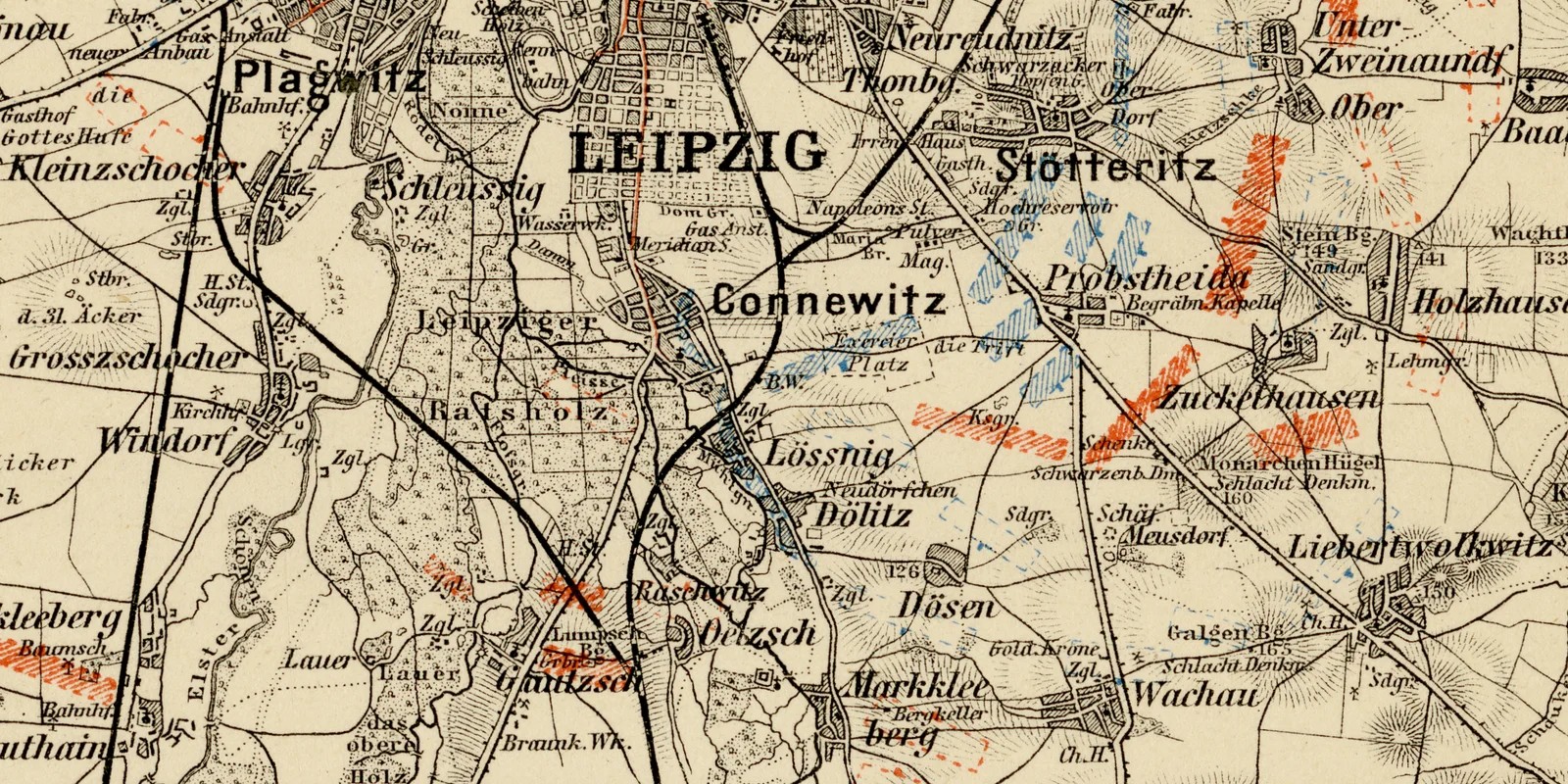 Leipzig ca 1885 historische Karte Lithographie