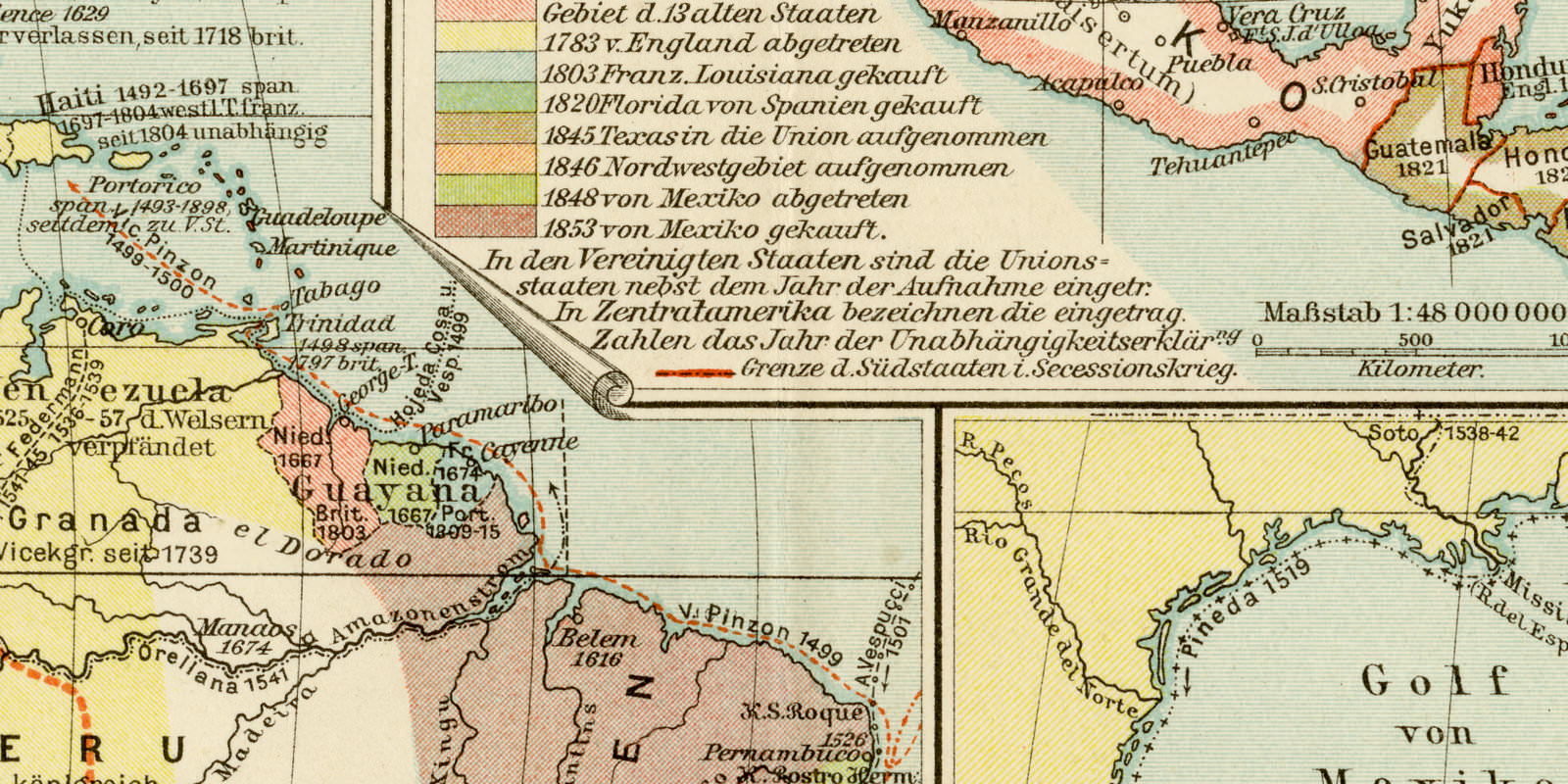 Amerika Geschichte ca 1893 historische Karte Lithographie