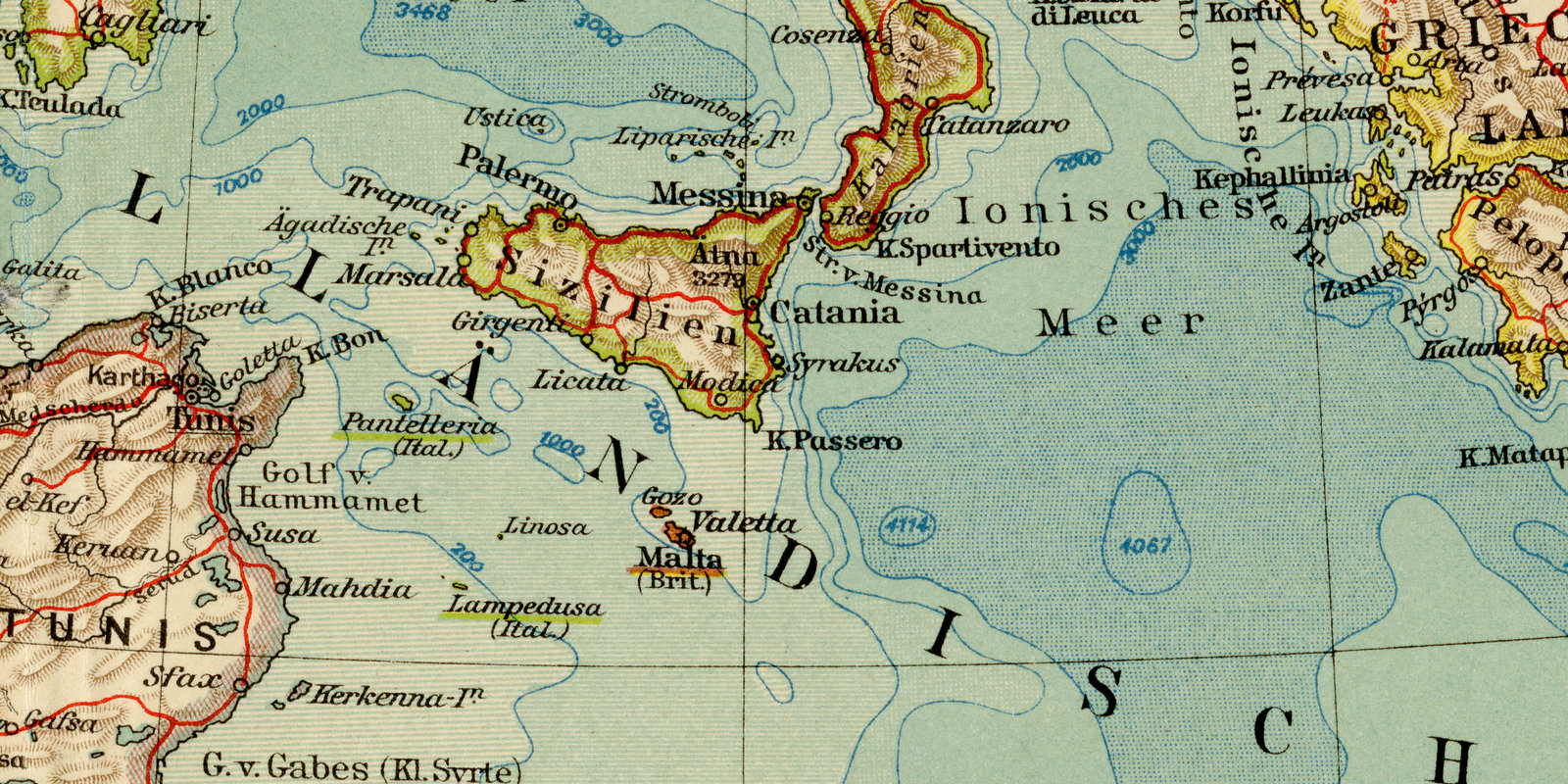 Länder des Mittelmeers ca 1928 historische Karte Lithographie