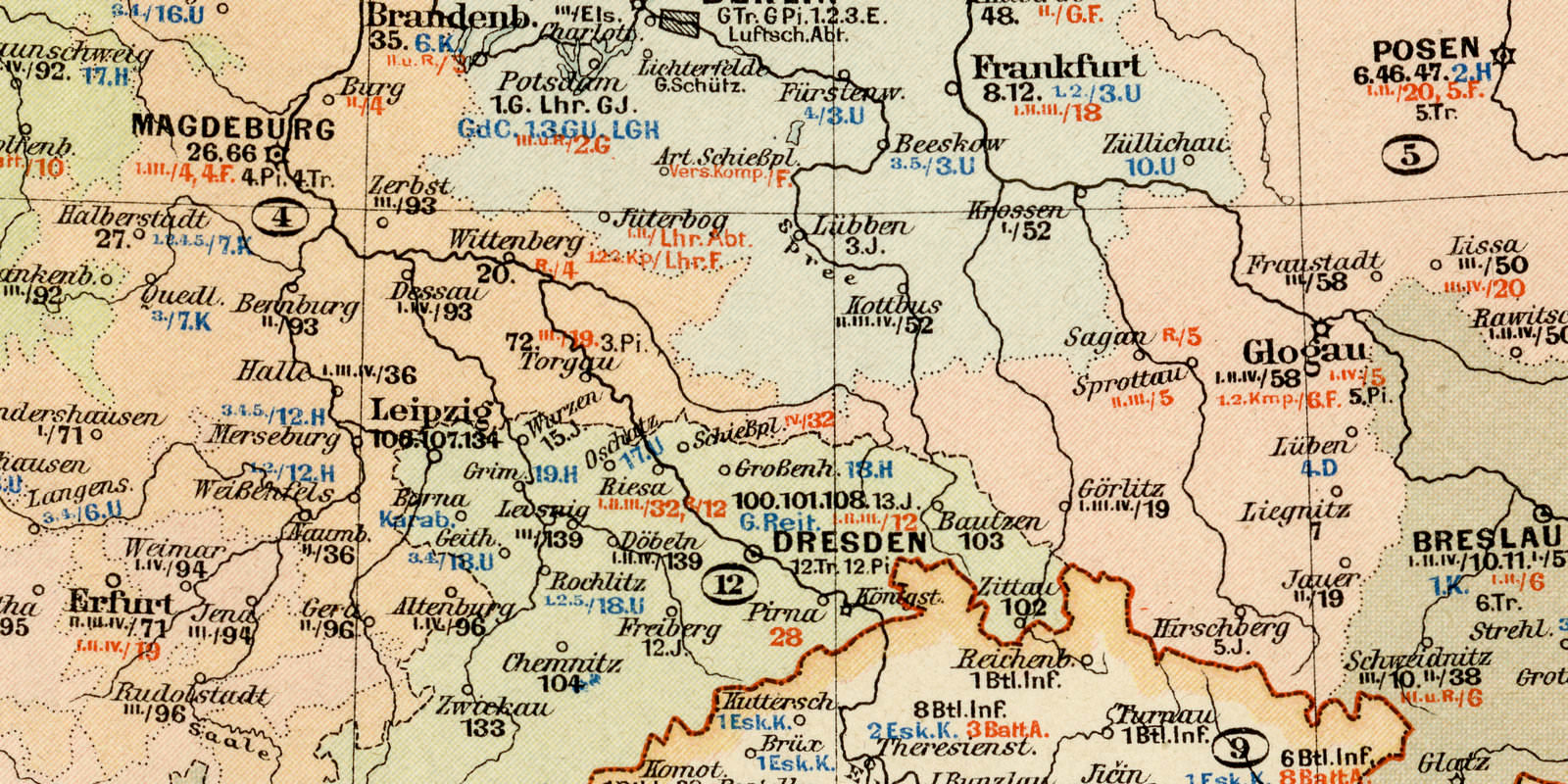 Garnisonskarte von Mitteleuropa ca 1893 historische Karte Lithographie