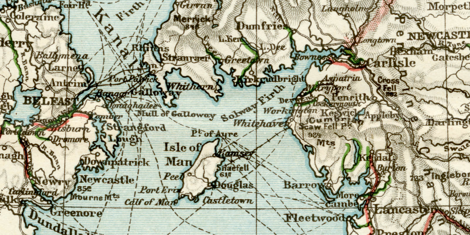 Die Schiffahrtsstrassen in Grossbritannien und Irland historische Landkarte Lithographie ca 1902