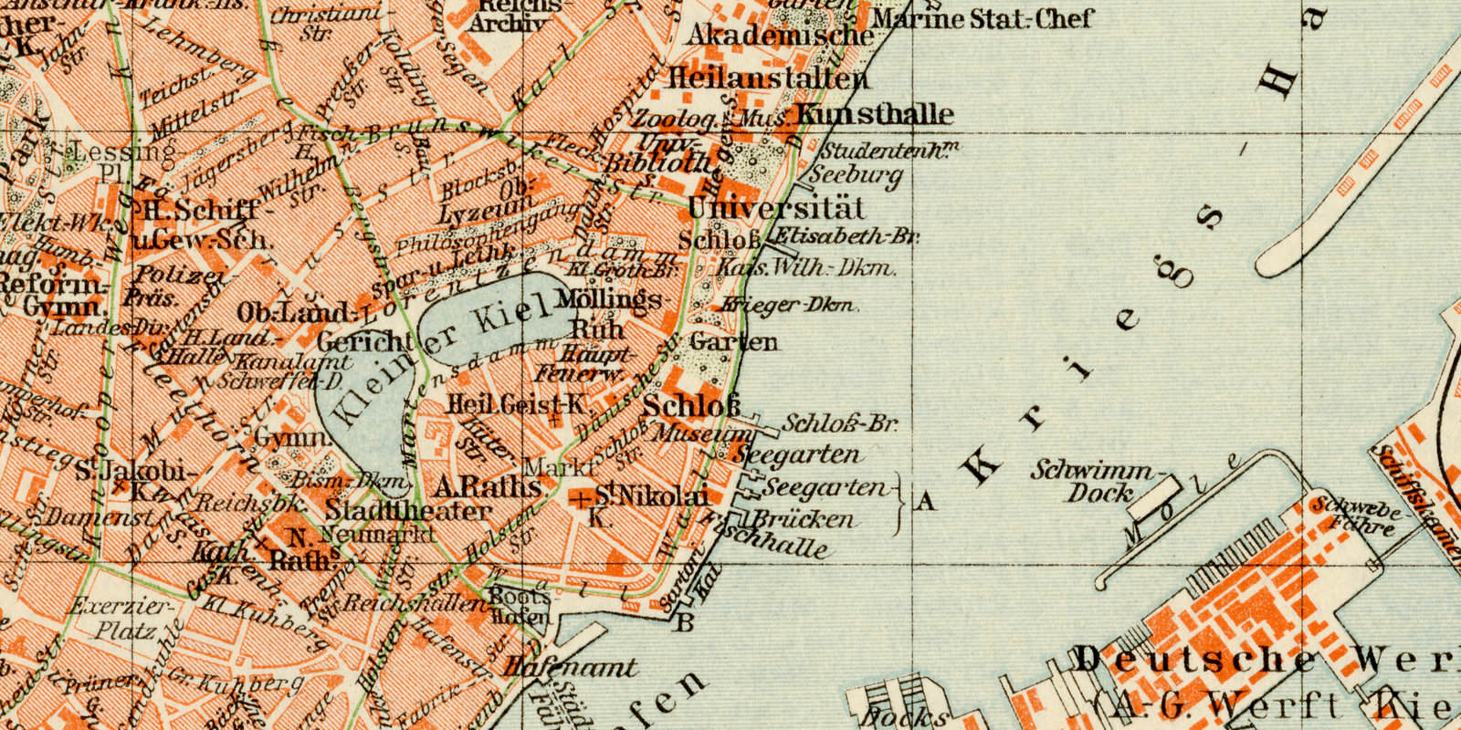 Kiel ca 1927 historische Karte Lithographie