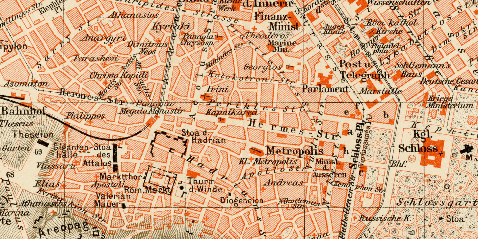Athen ca 1899 historischer Stadtplan Lithographie
