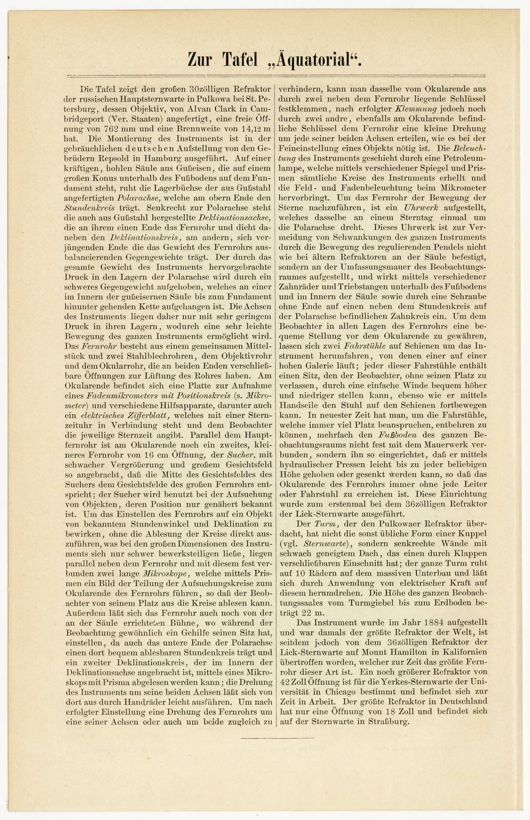 Äquatorial Refraktor Sternwarte Pulkowa ca 1893 historische Bildtafel Holzstich