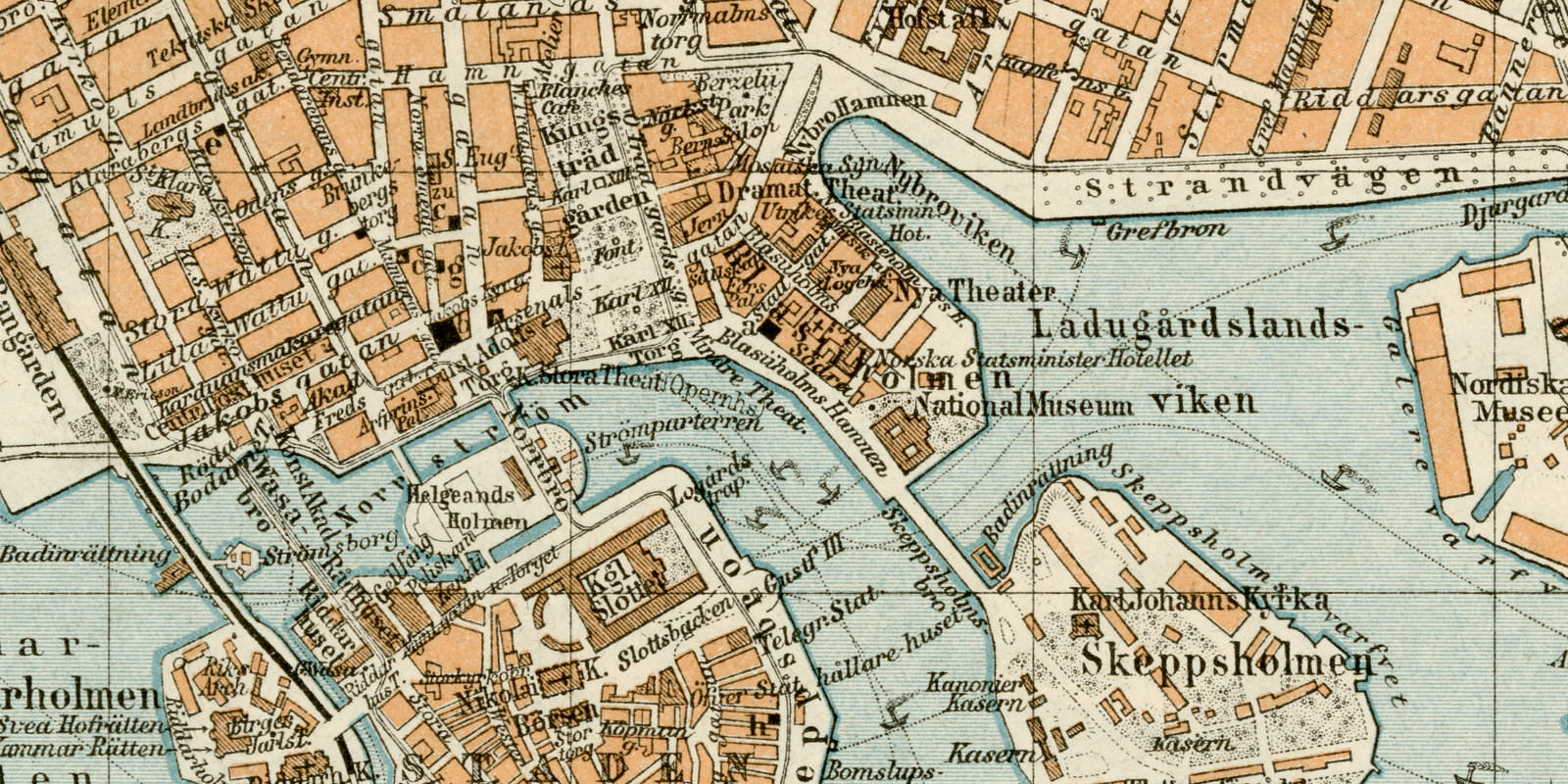 Stockholm ca 1897 historischer Stadtplan Lithographie