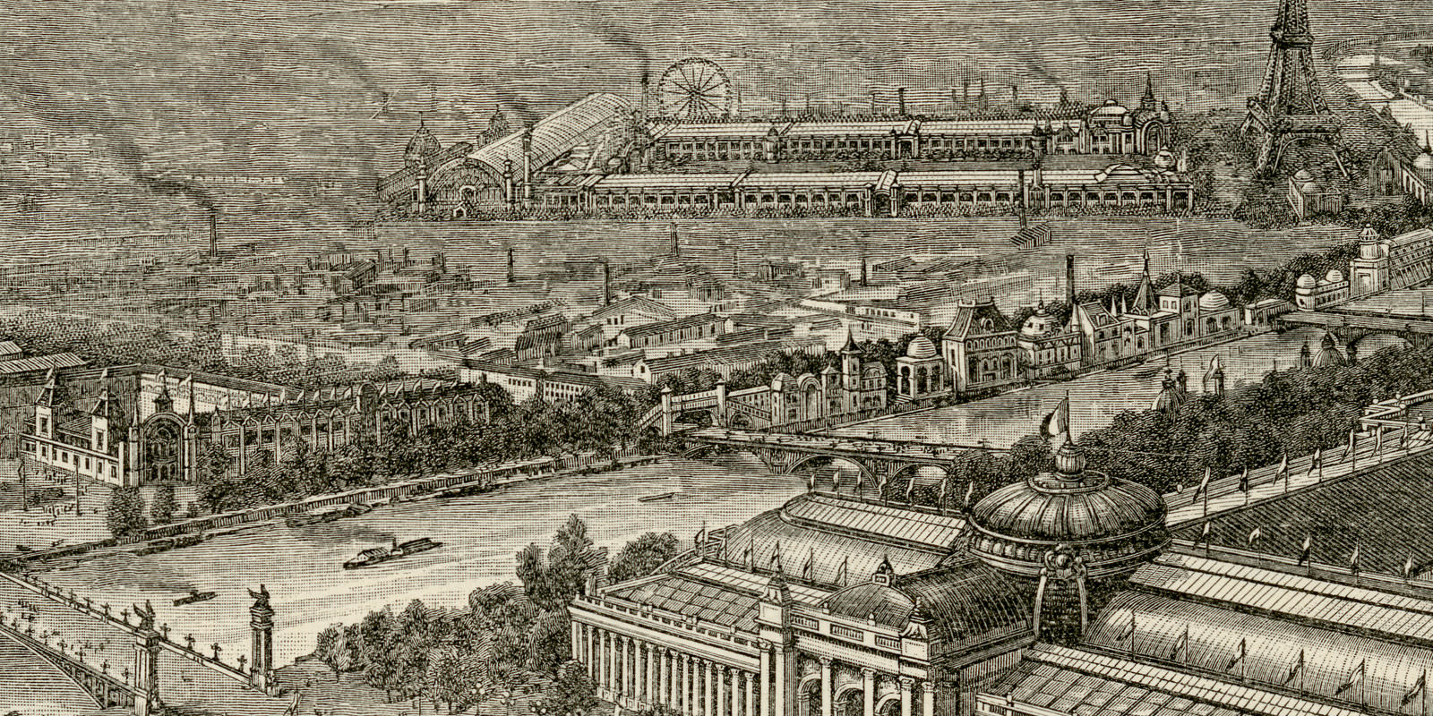 Ausstellungsbauten in Paris I - II ca 1900 historische Bildtafel Holzstich