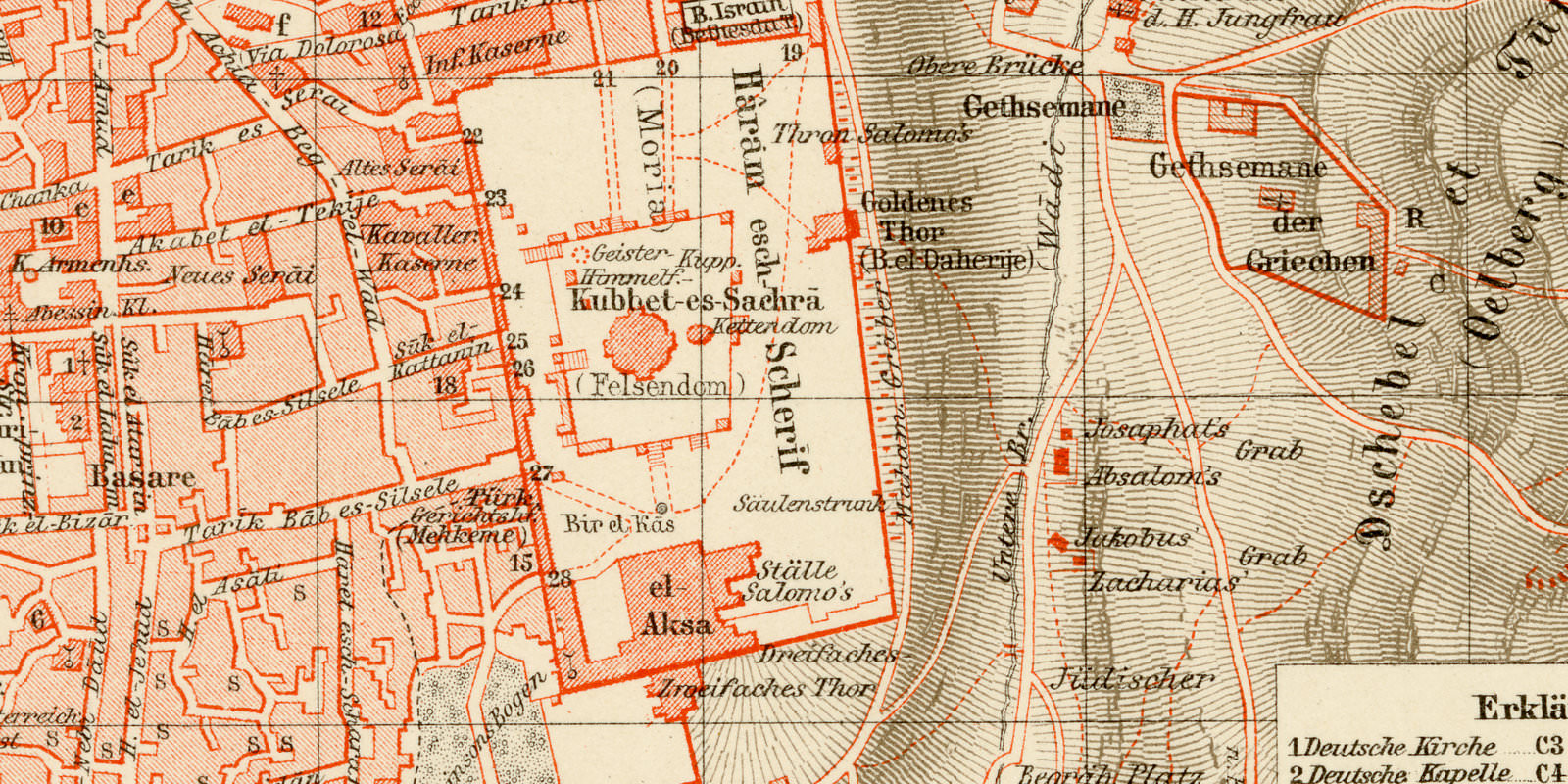 Jerusalem ca 1899 historischer Stadtplan Lithographie