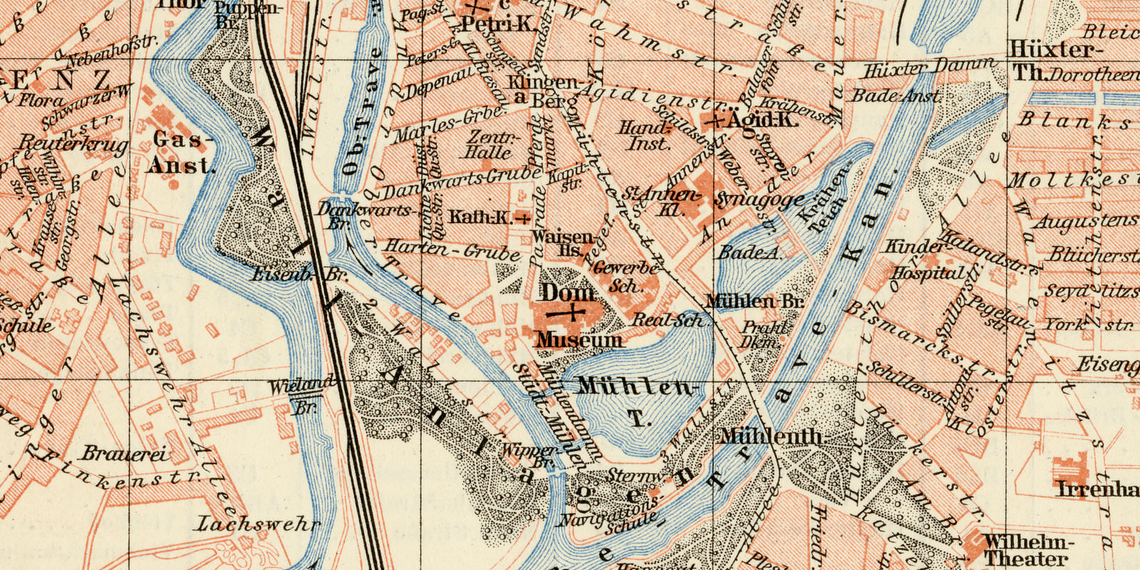 Lübeck ca 1897 historischer Stadtplan Lithographie
