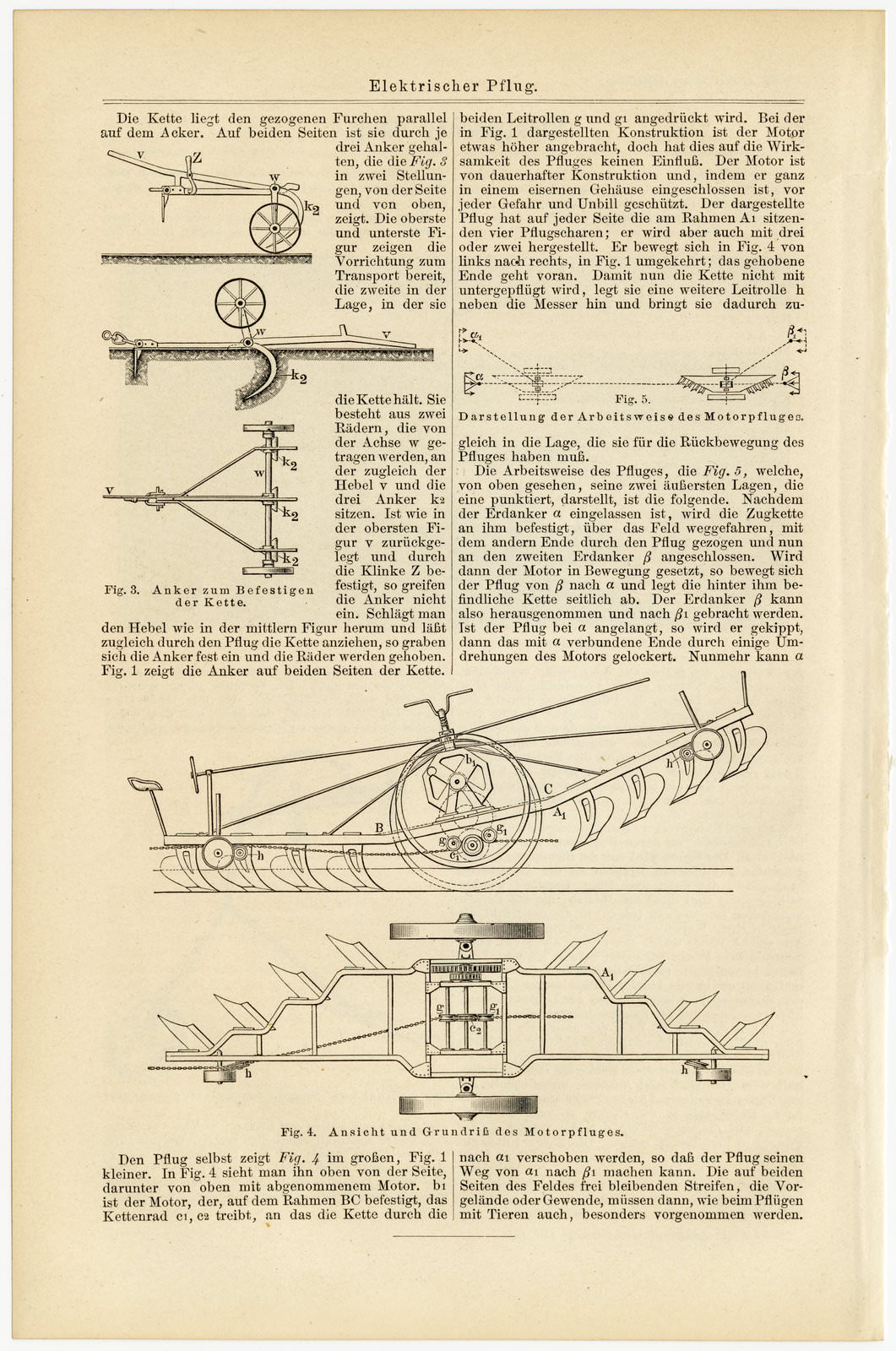 Elektrischer Pflug ca 1899 historische Bildtafel Holzstich