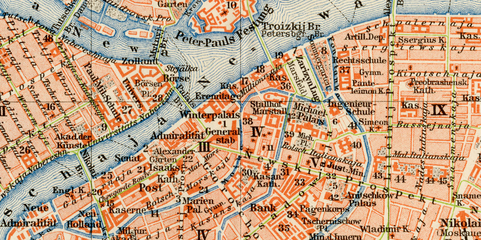 Sankt Petersburg Stadtplan - Umgebung ca 1896 historischer Stadtplan Lithographie