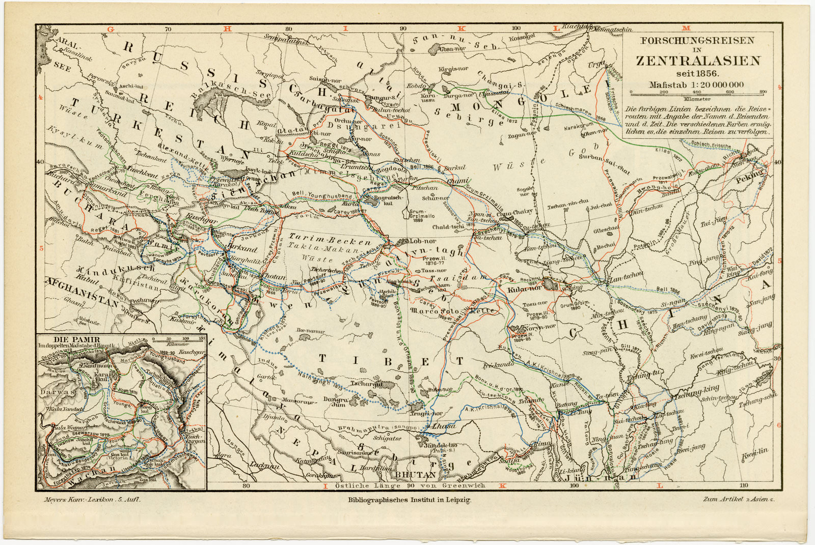 Asien Forschungsreisen Mittelalter und Neuzeit ca 1893 historische Karte Lithographie