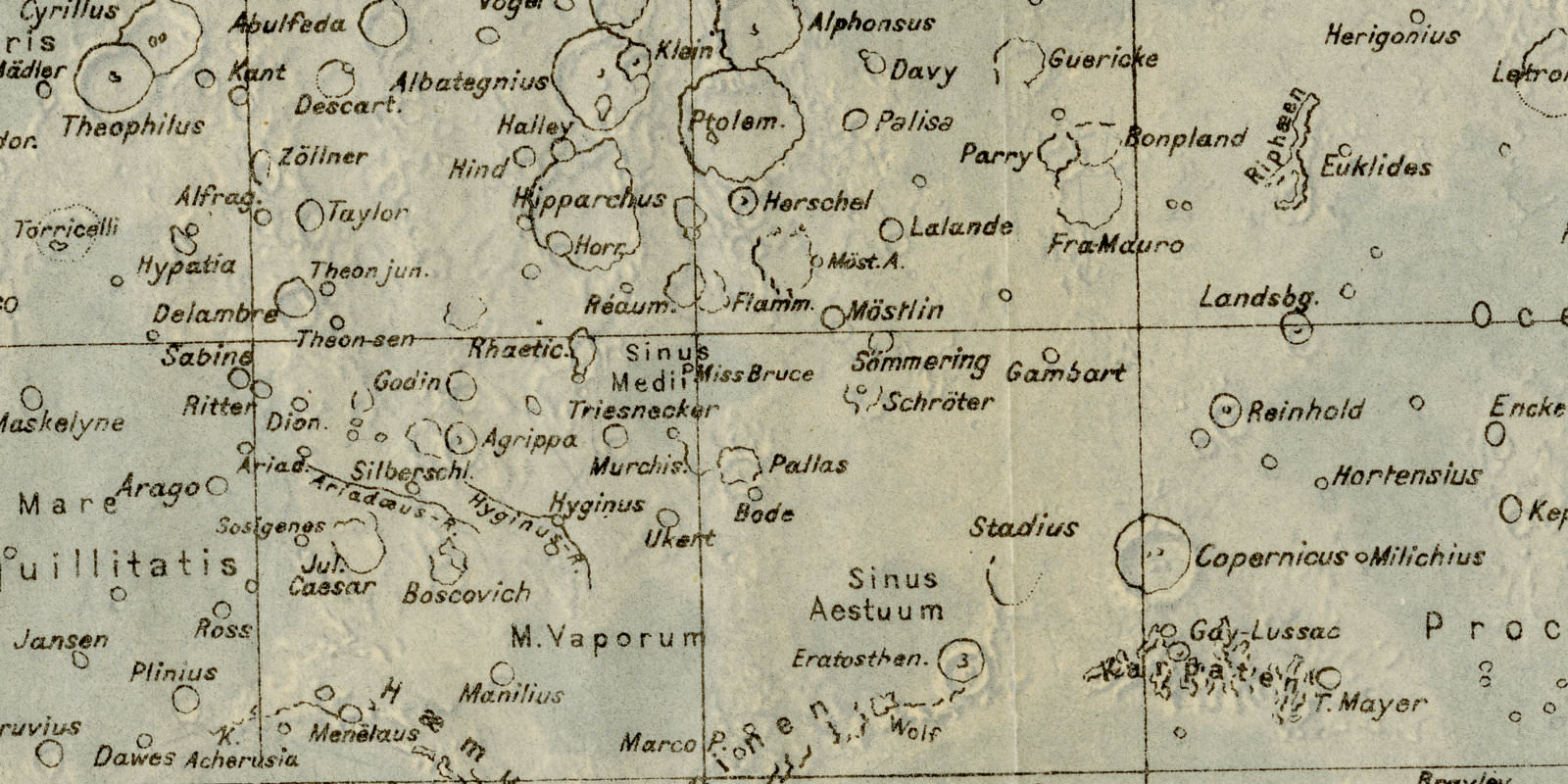 Übersichtskarte des Mondes ca 1928 historische Bildtafel Autotypie