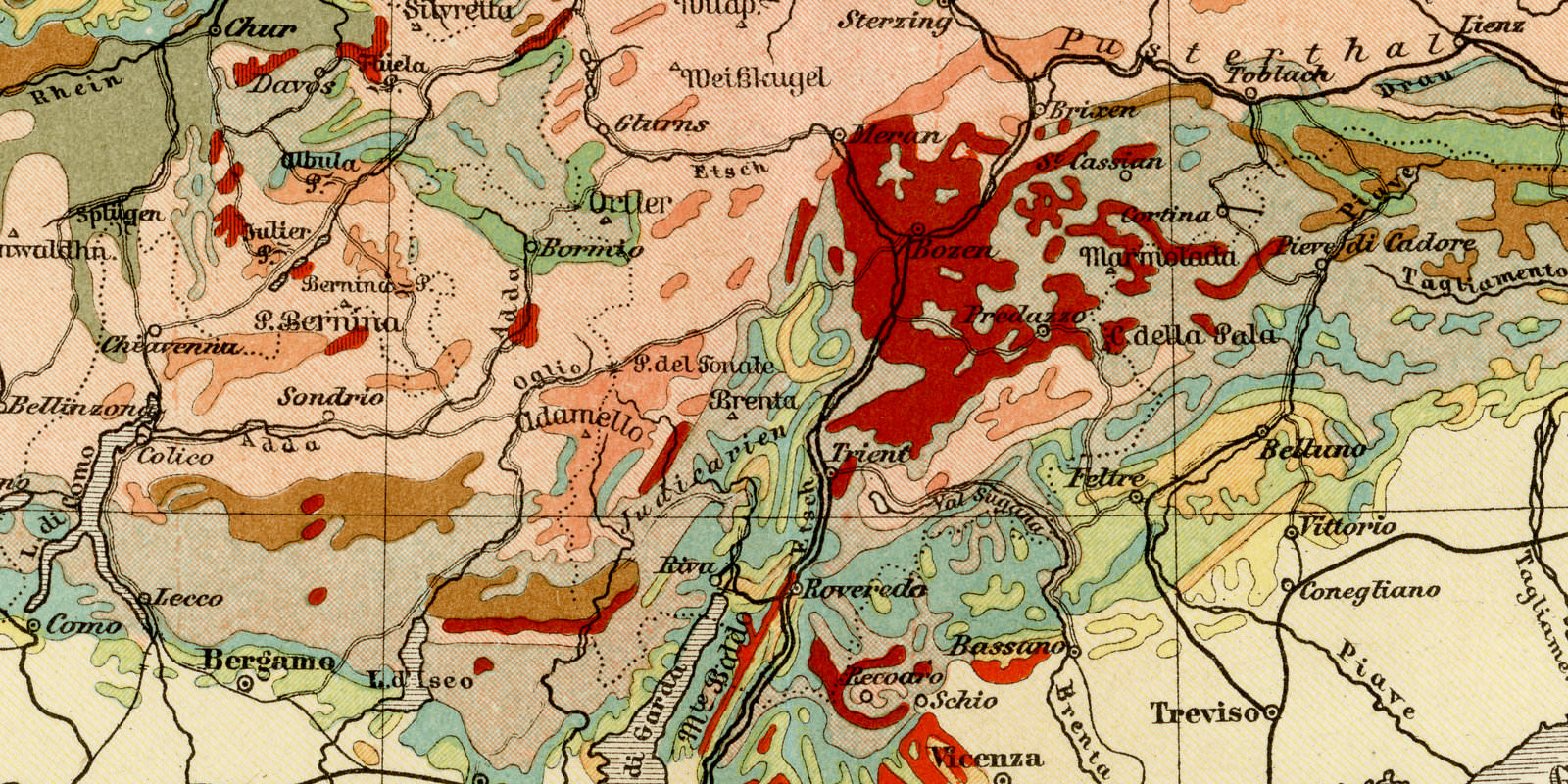Alpen Geologie ca 1893 historische Karte Lithographie
