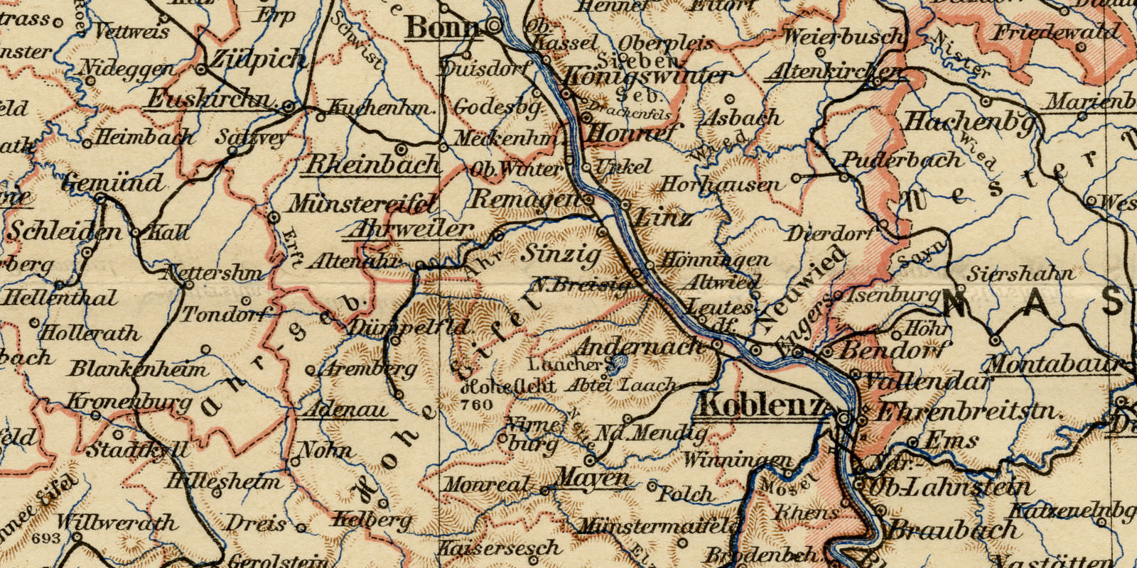 Rheinprovinz Januar historische Karte ca 1889 Lithographie