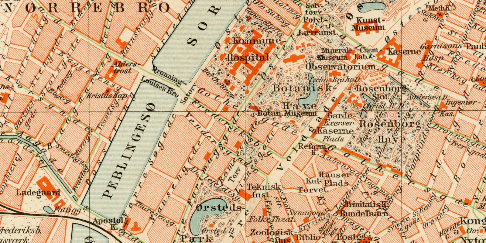 Kopenhagen ca 1893 historischer Stadtplan Lithographie