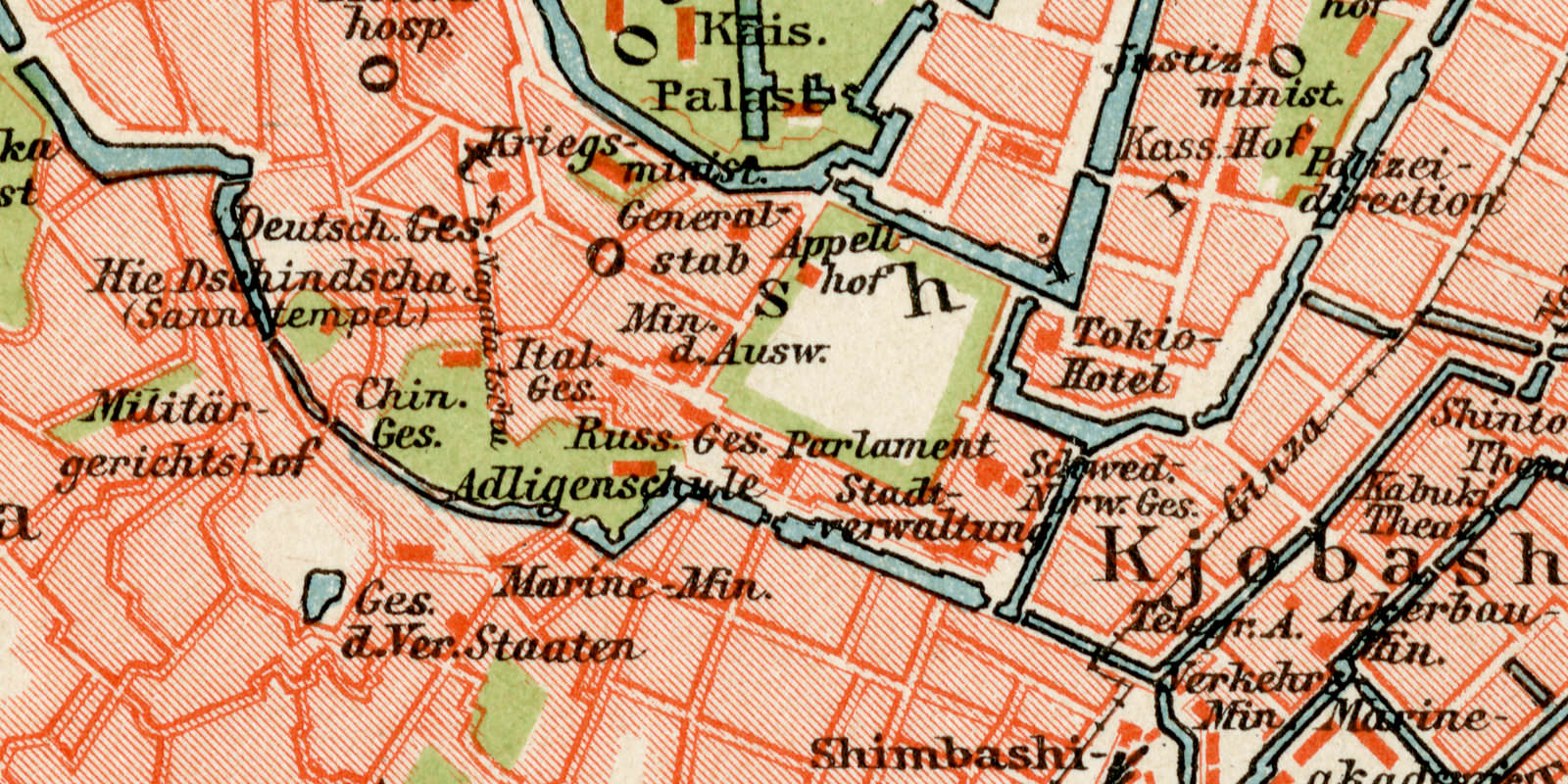 Tokio historischer Stadtplan Karte Lithographie ca 1898