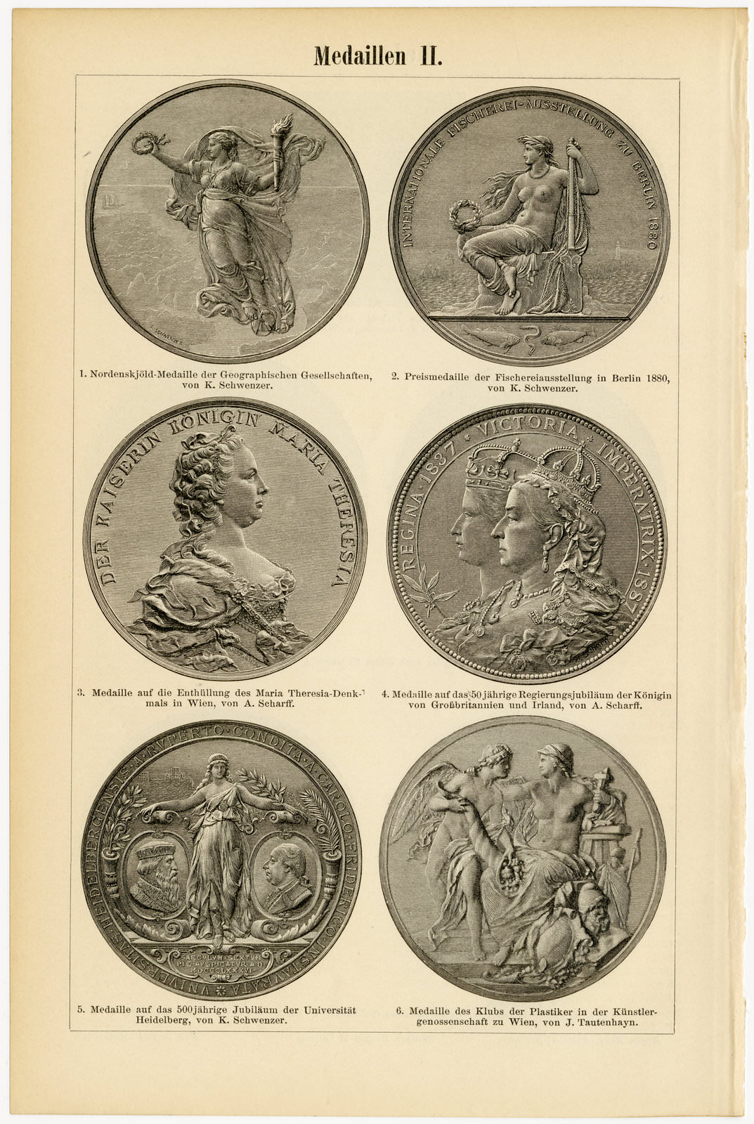 Medaillen I - II ca 1893 historische Bildtafel Holzstich
