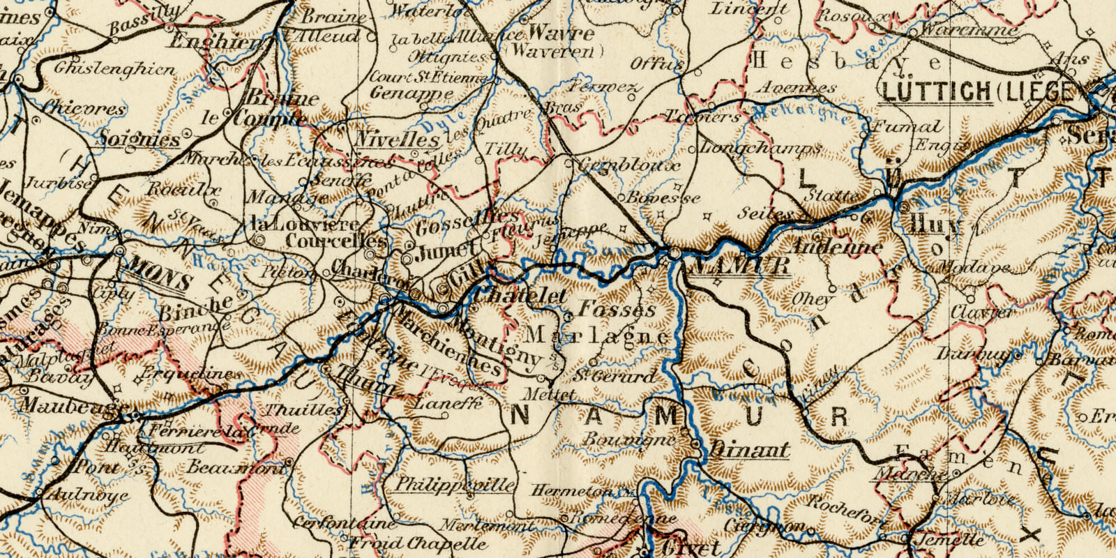Belgien und Luxemburg ca 1896 historische Karte Lithographie