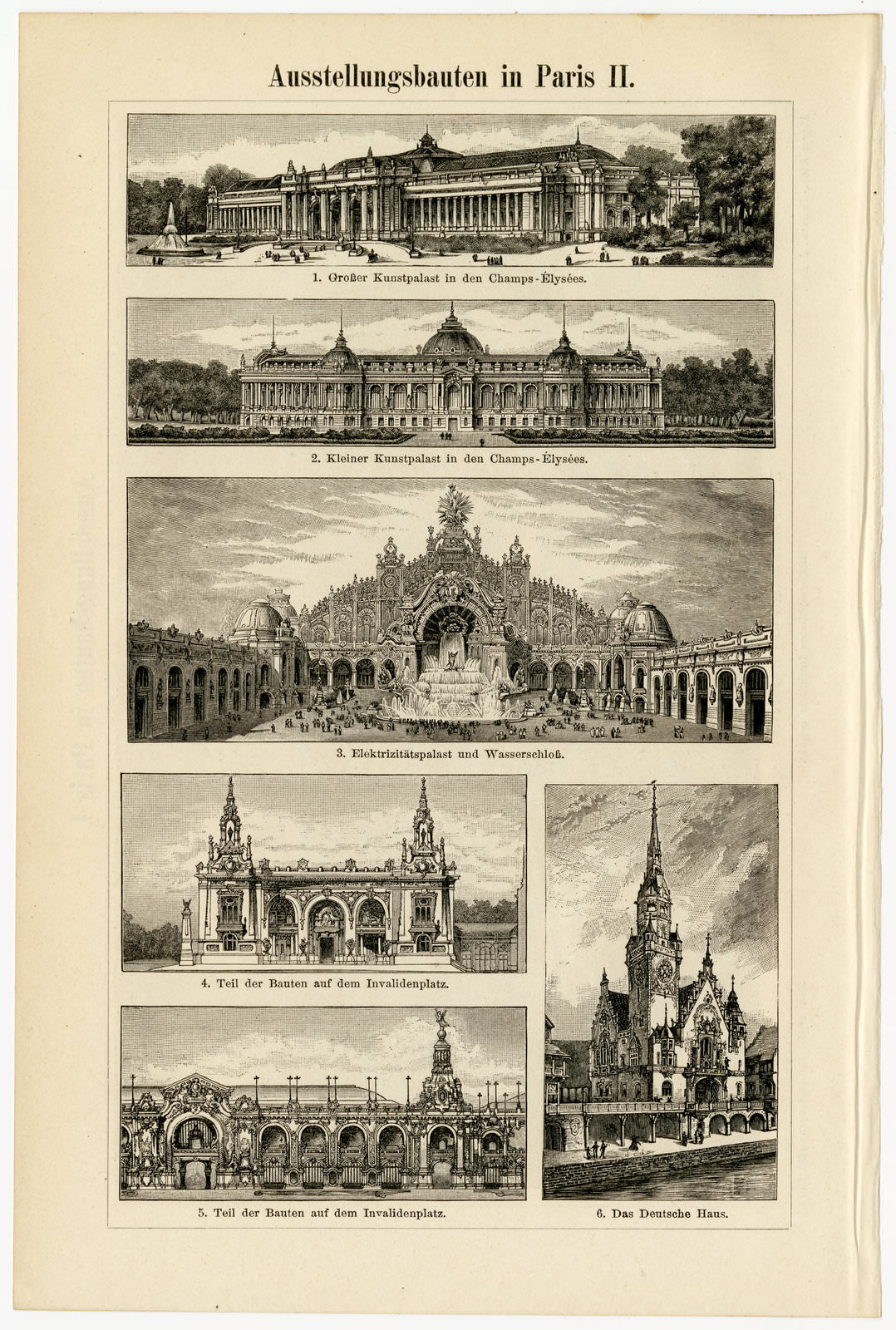 Ausstellungsbauten in Paris I - II ca 1900 historische Bildtafel Holzstich