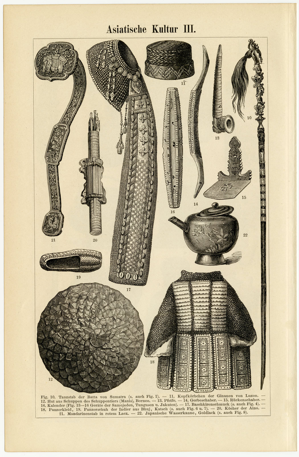 Asiatische Kultur II - III ca 1893 historische Bildtafel Holzstich
