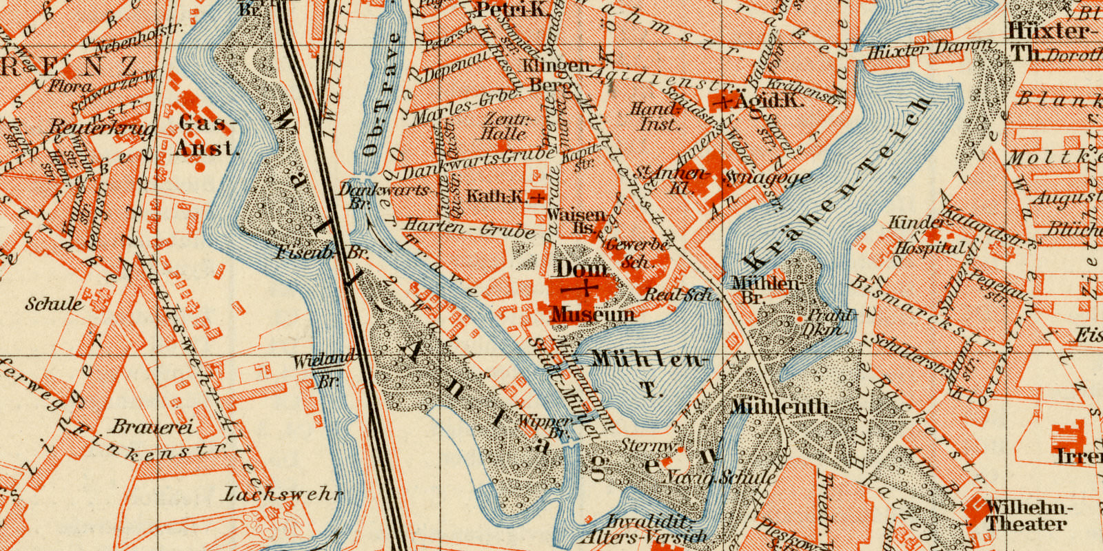 Lübeck ca 1894 historischer Stadtplan Lithographie