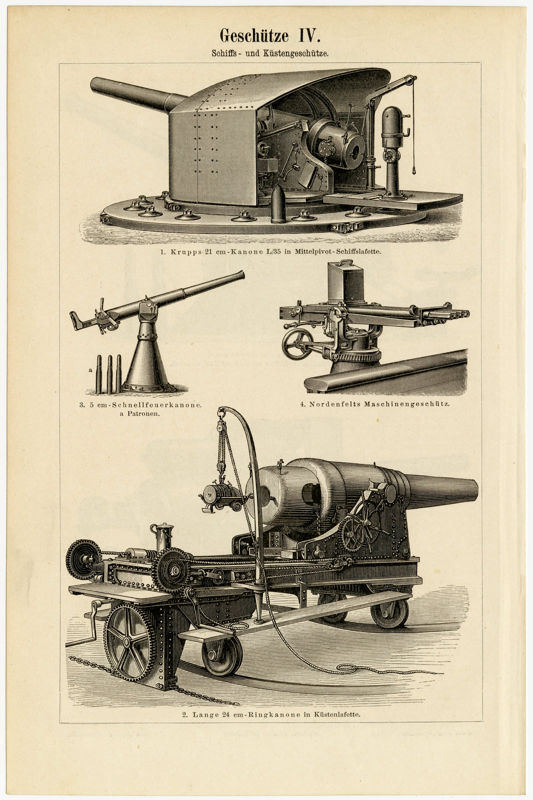 Geschütze III - IV ca 1894 historische Bildtafel Holzstich