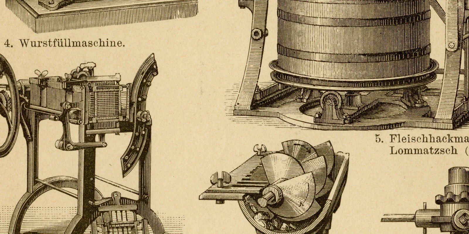 Fleischwarenfabrikation ca 1883 historische Grafik Holzstich