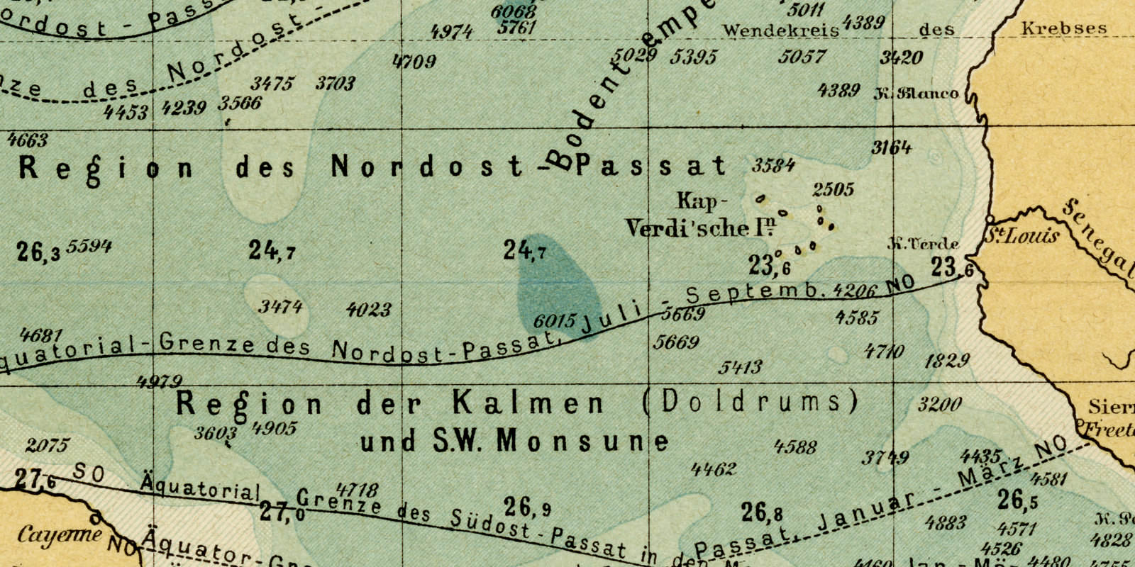 Atlantischer Ozean Tiefenverhältnisse ca 1893 historische Karte Lithographie