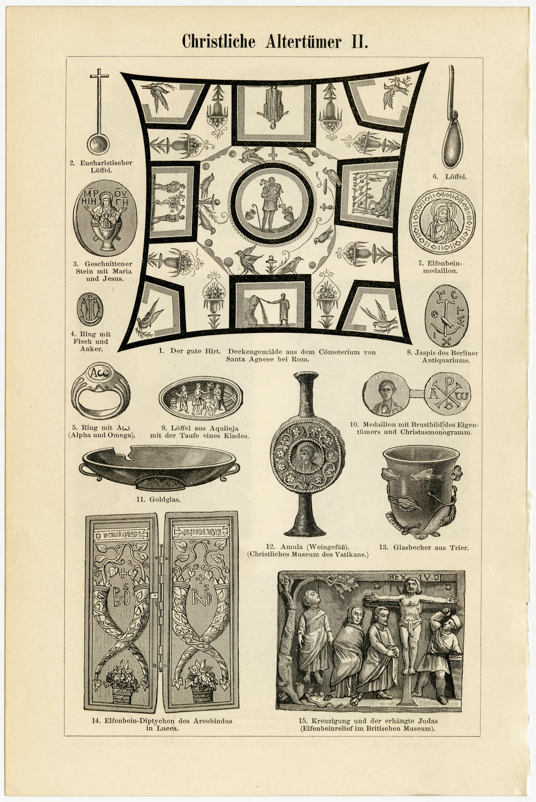 Christliche Altertümer I - II ca 1894 historische Bildtafel Holzstich