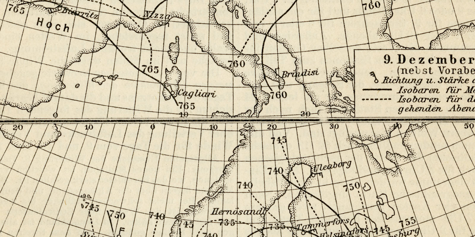 Wetterkarten Europa ca 1897 historische Karte Lithographie