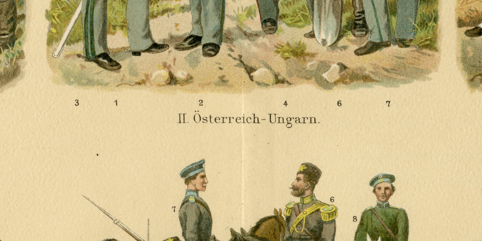 Jäger Schützen Pioniere Train ca 1895 historische Bildtafel Chromolithographie