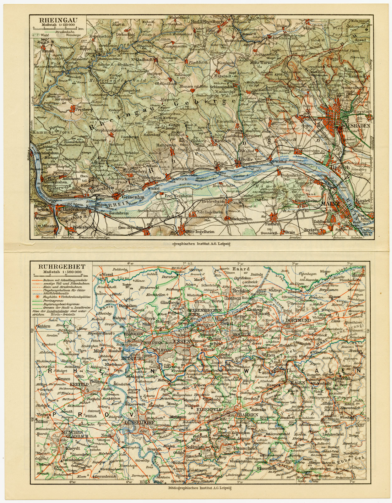 Rheinlande - Ruhrgebiet - Rheingau ca 1929 historische Karte Lithographie