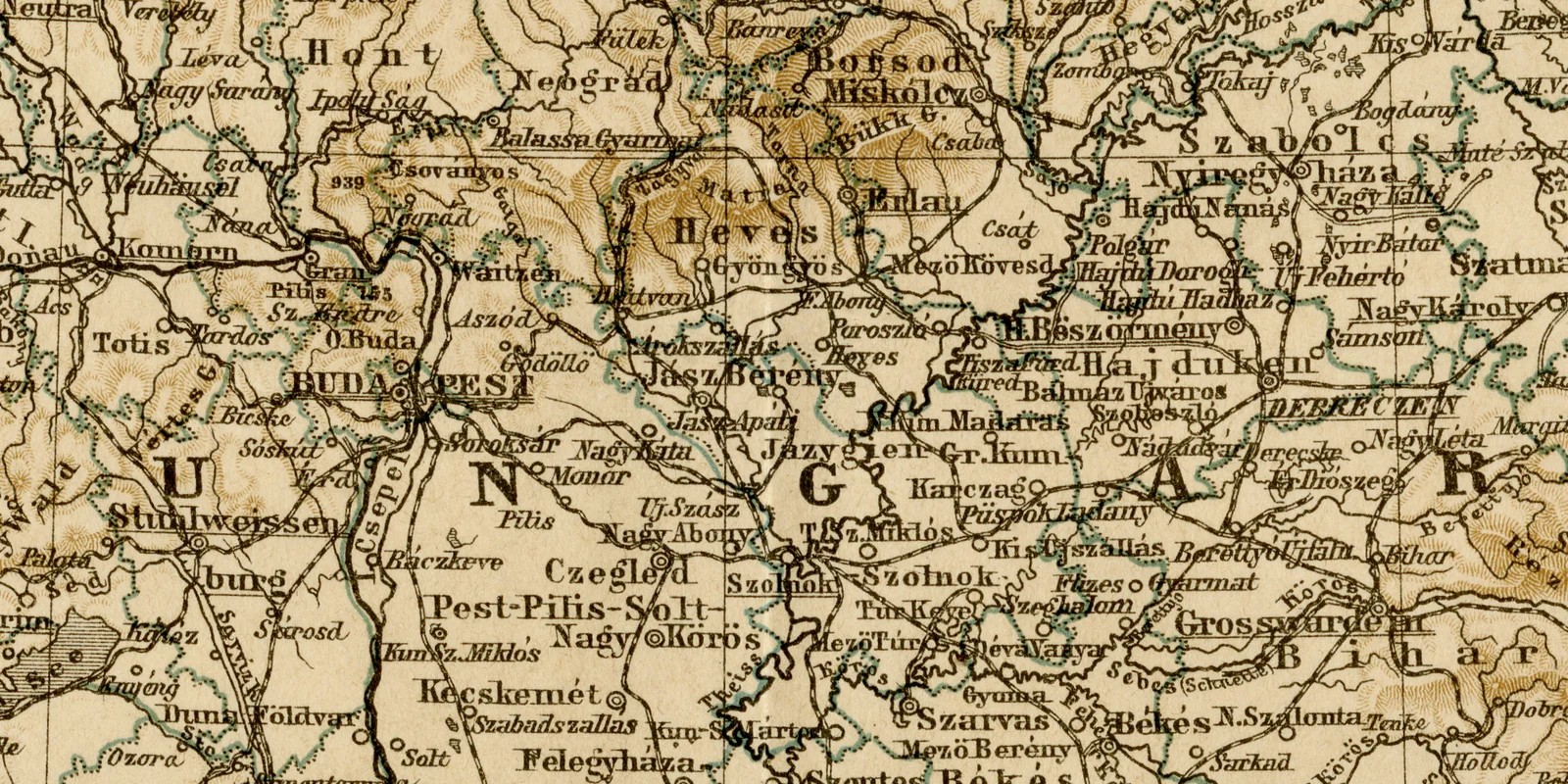 Ungarn und Galizien ca 1886 historische Karte Lithographie