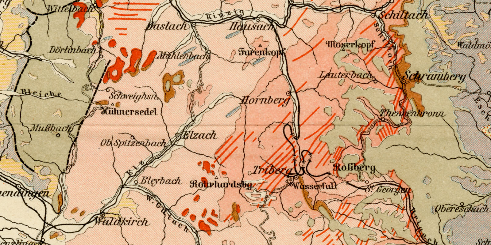 Geologische Karte vom Schwarzwald ca 1897 historische Karte Lithographie