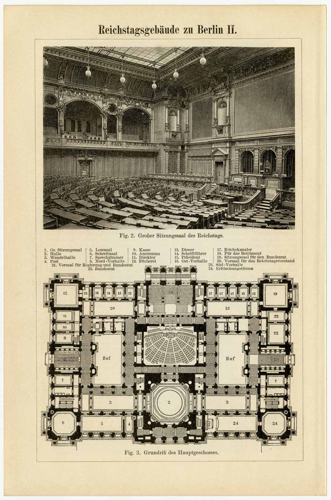 Reichstagsgebäude Berlin I - II ca 1896 historische Bildtafel Holzstich