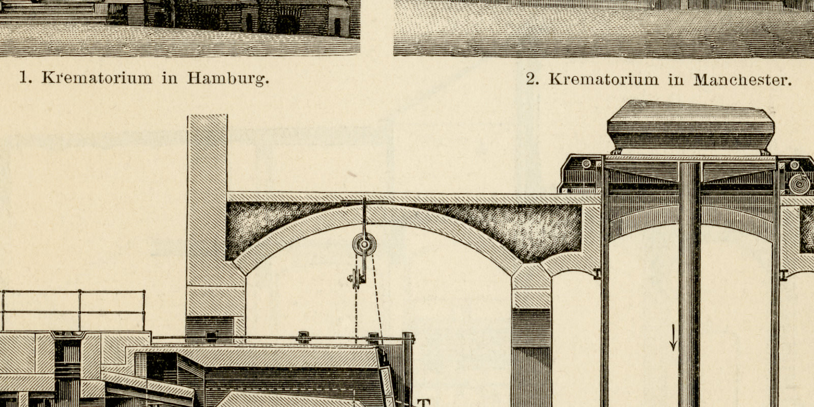 Leichenschauhäuser Leichenverbrennung ca 1896 historische Bildtafel Holzstich