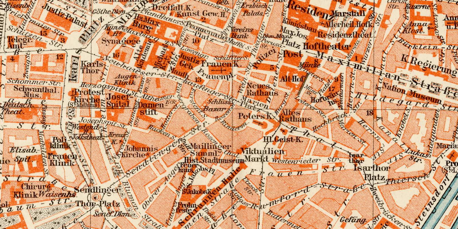 München ca 1897 historischer Stadtplan Lithographie