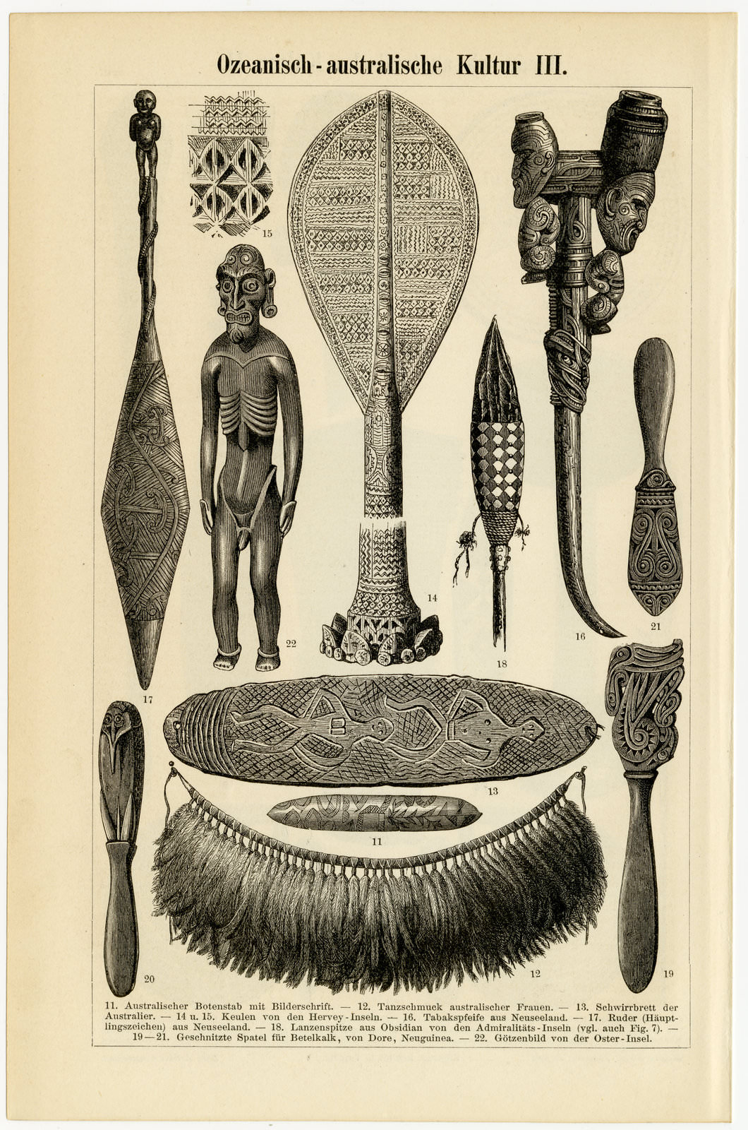 Ozeanisch-australische Kultur II - III ca 1896 historische Bildtafel Holzstich
