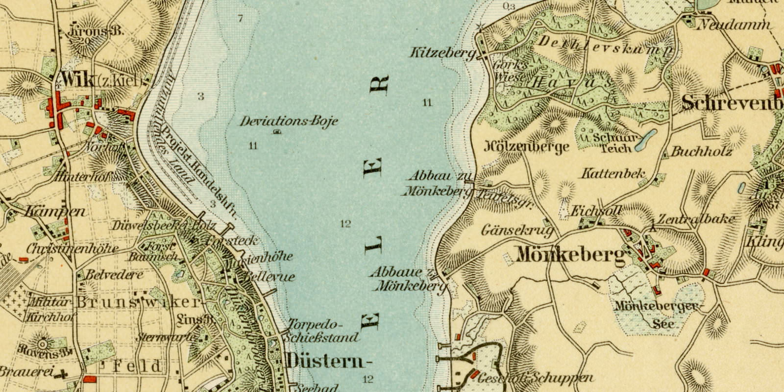 Kieler Hafen ca 1895 historische Karte Lithographie