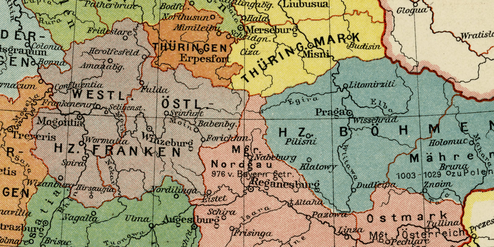 Deutsches Reich und seine Nachbarländer 919 bis 1125 ca 1925 historische Karte Lithographie