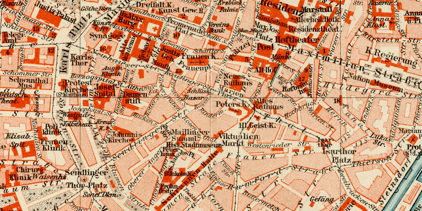 München ca 1899 historischer Stadtplan Lithographie