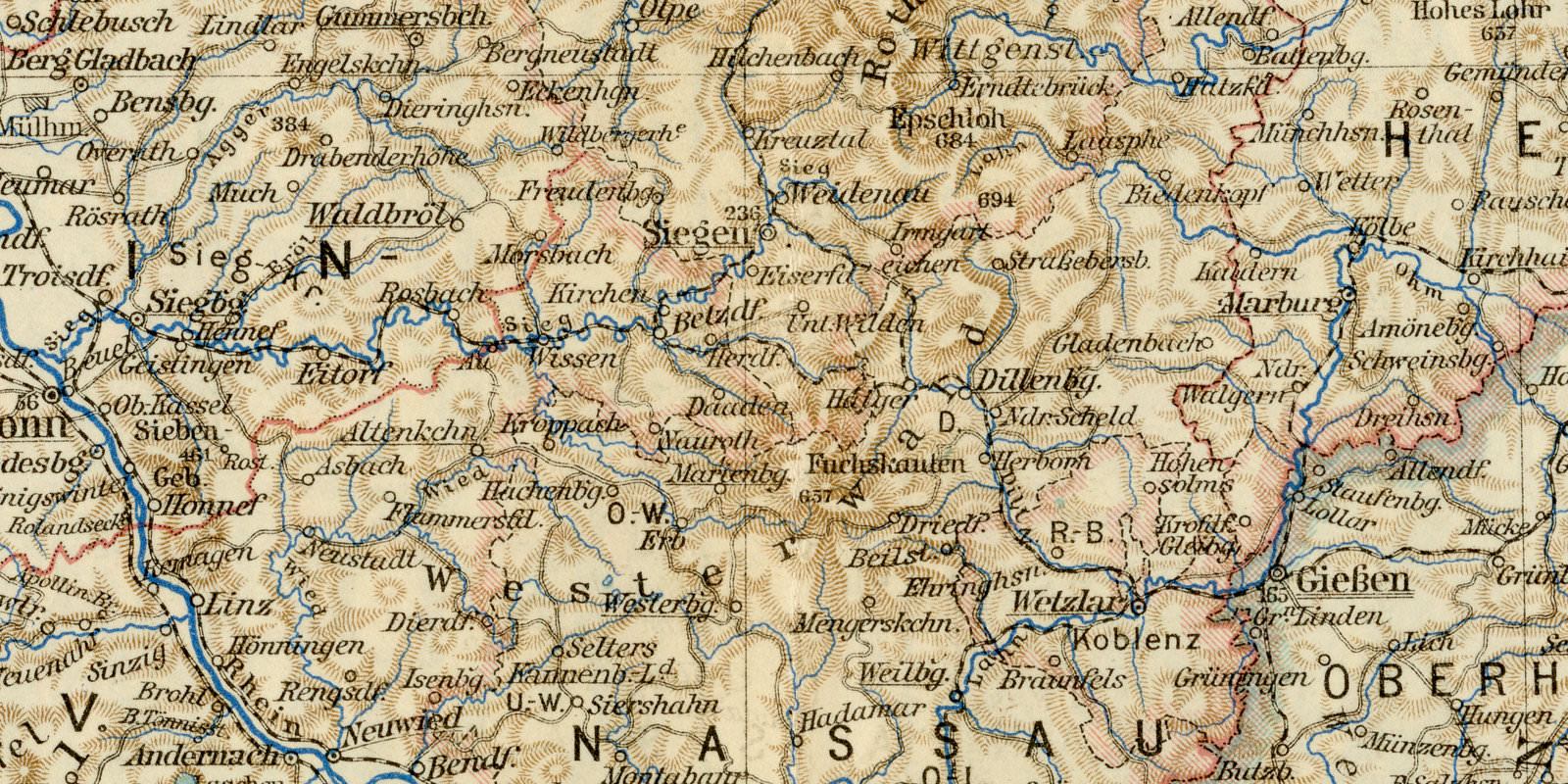 Rheinlande - Ruhrgebiet - Rheingau ca 1929 historische Karte Lithographie