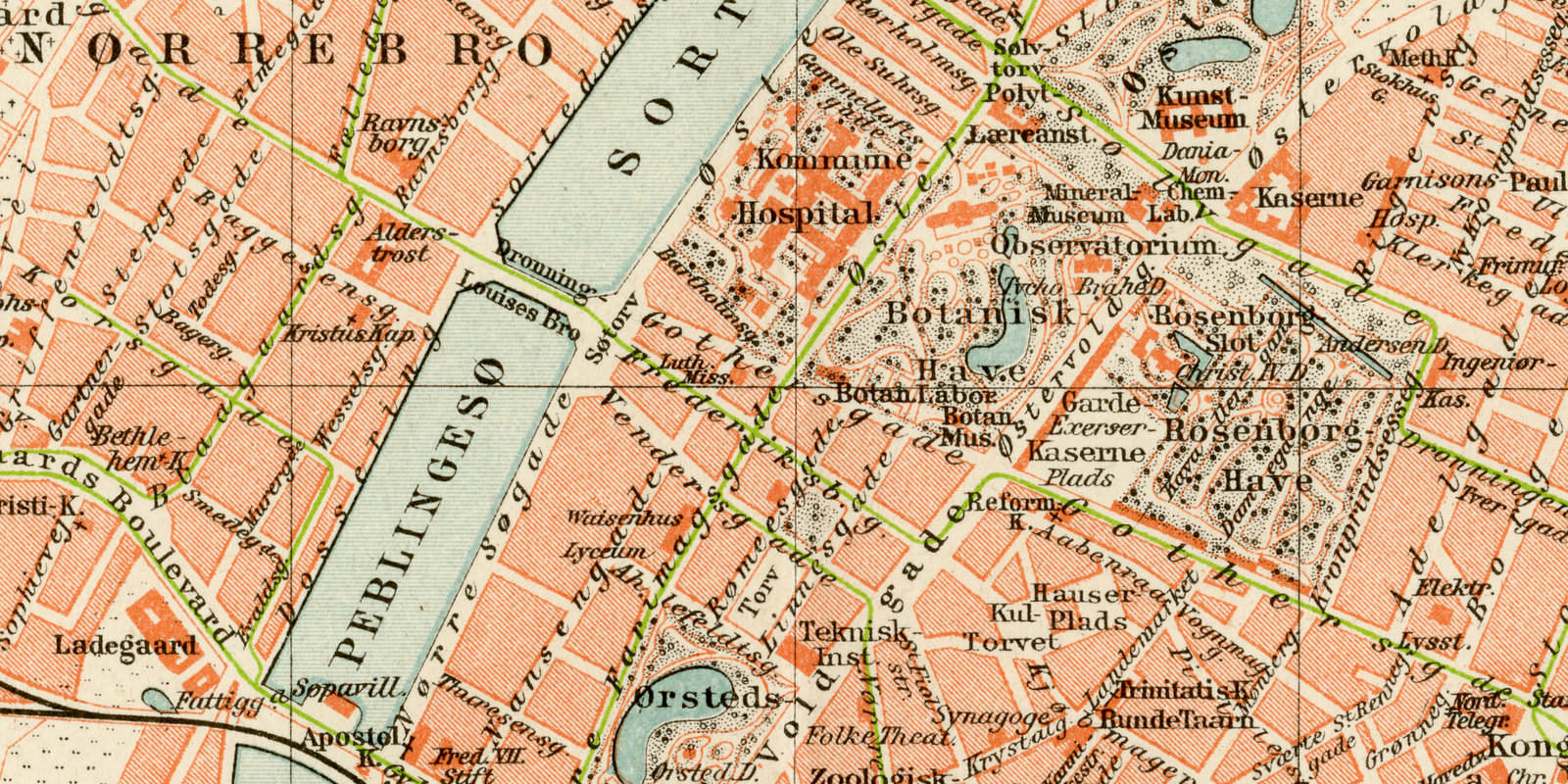 Kopenhagen ca 1899 historischer Stadtplan Lithographie