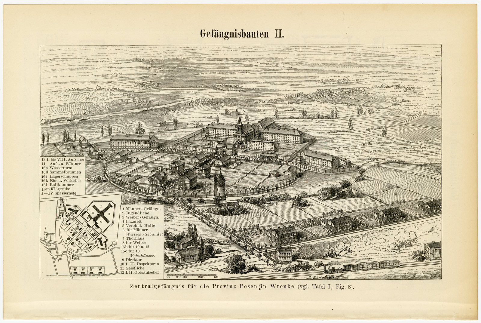 Gefängnisbauten I - II ca 1898 historische Bildtafel Holzstich
