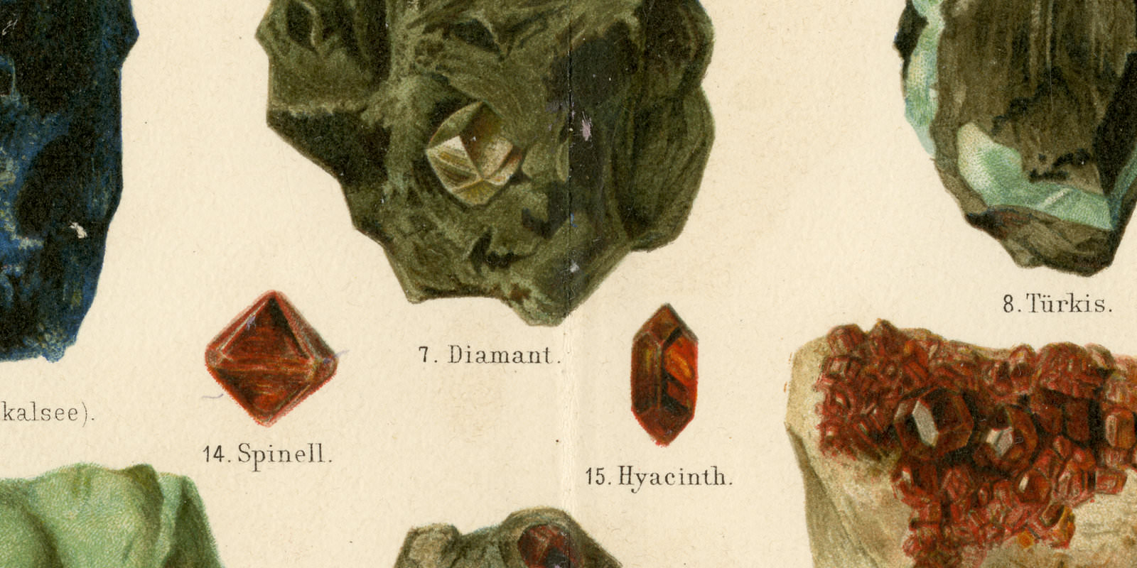Edelsteine ca 1893 historische Bildtafel Chromolithographie