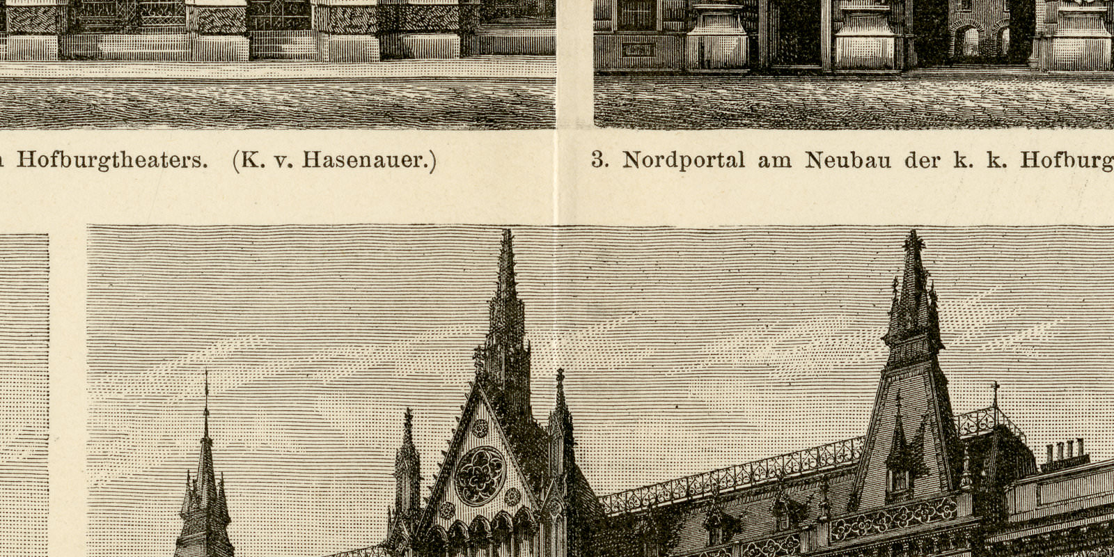 Wiener Bauten II ca 1897 historische Bildtafel Holzstich