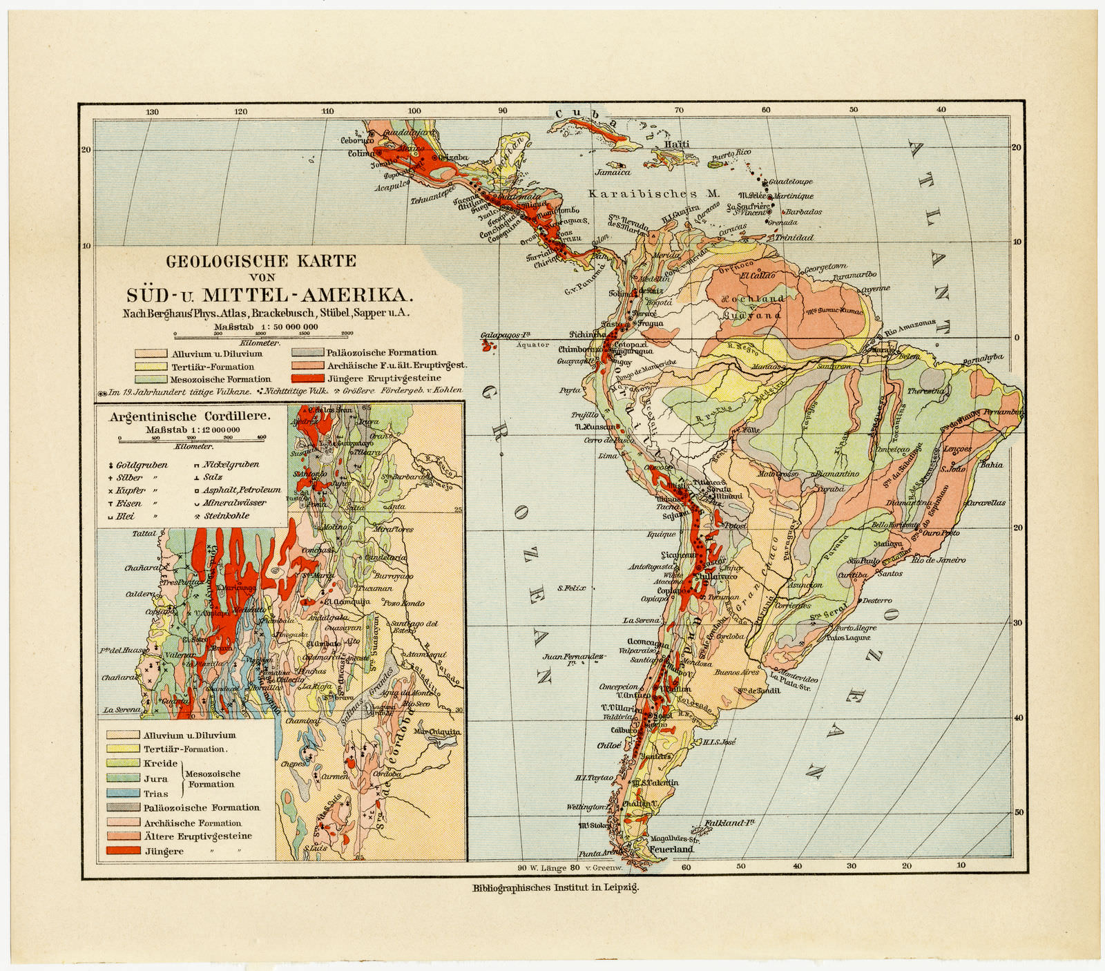 Geologische Karte von Süd- und Mittelamerika ca 1903 historische Karte Lithographie