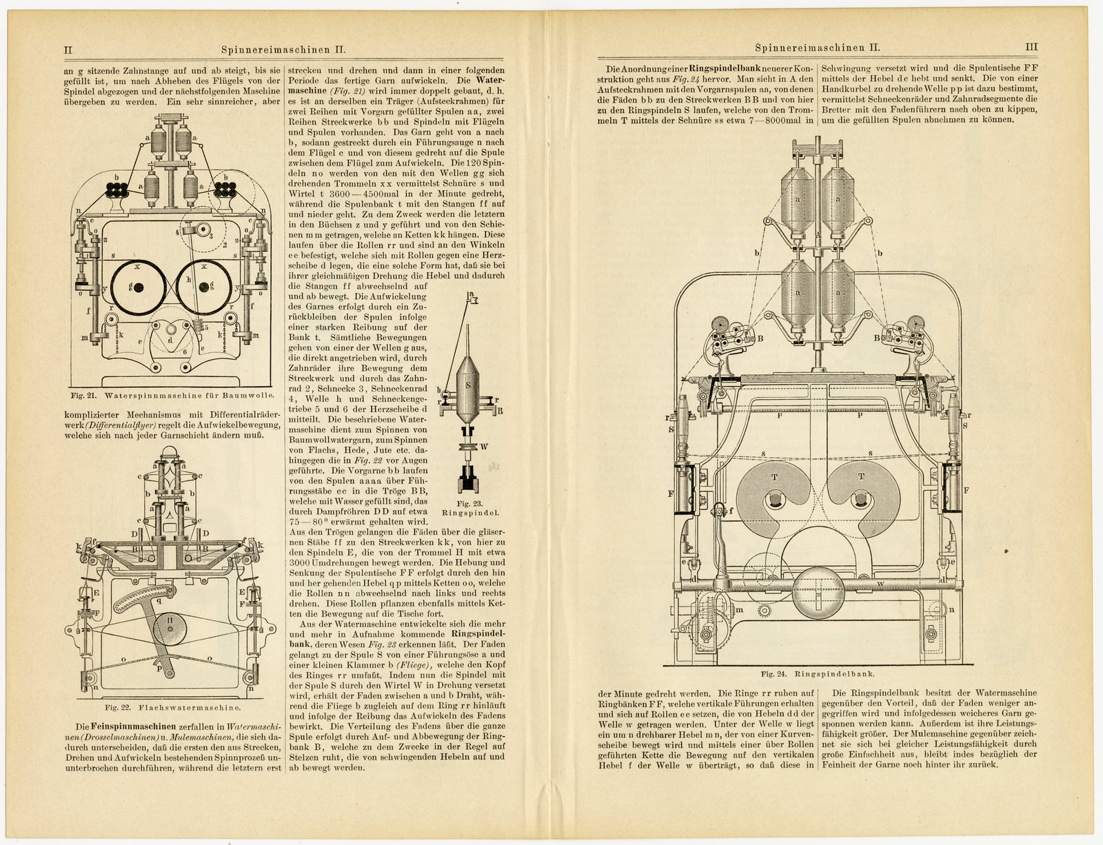 Spinnereimaschinen II ca 1897 historische Bildtafel Holzstich
